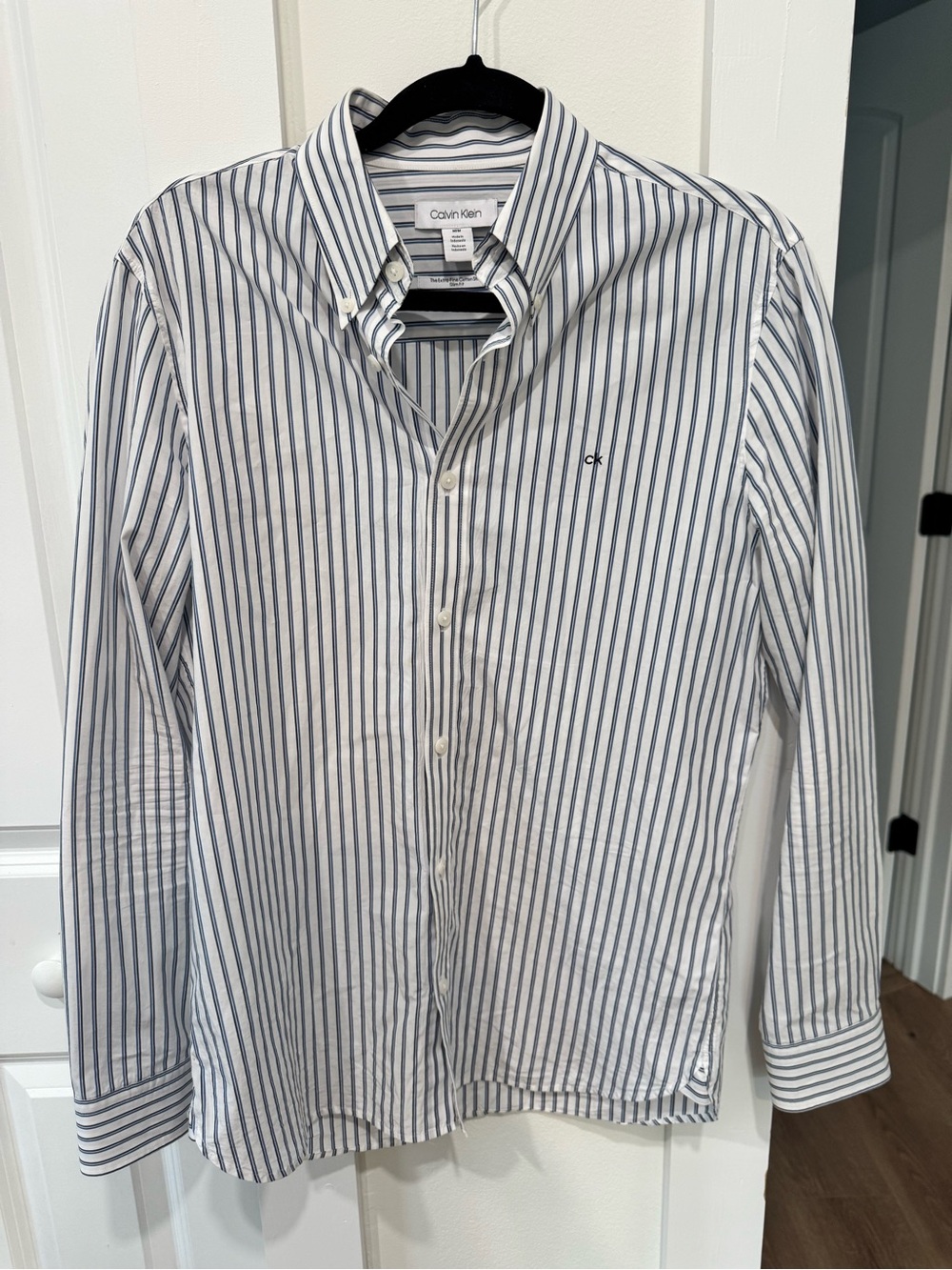 Calvin Klein Men’s White Shirt with Navy Pinstripes